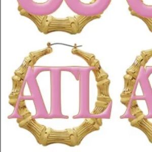 NEW 2.8” 14k GOLD PLATED “ATL” PINK LOGO BAMBOO HOOP EARRINGS